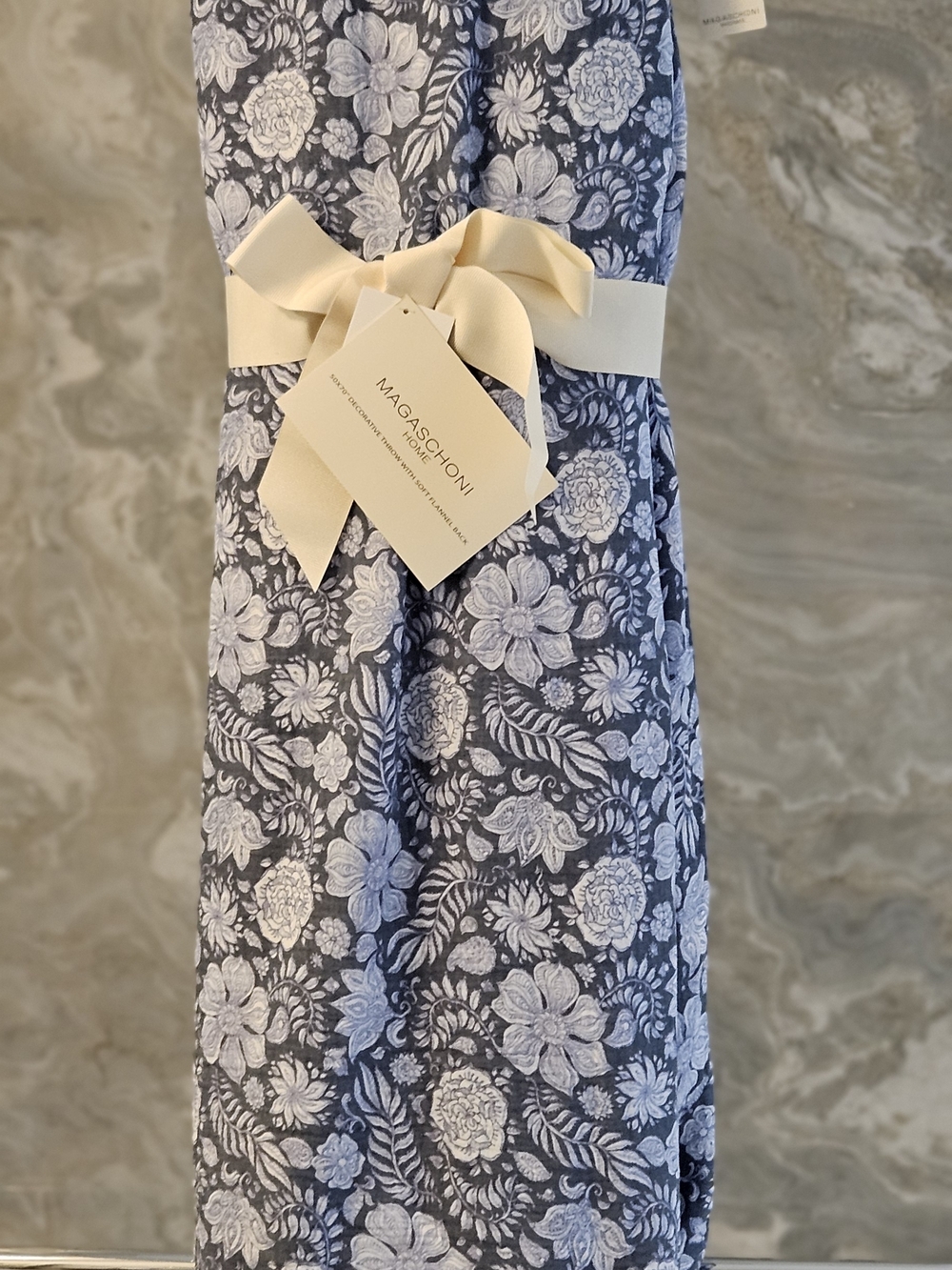 Magaschoni Navy and White Floral Throw Blanket with Cream Bow